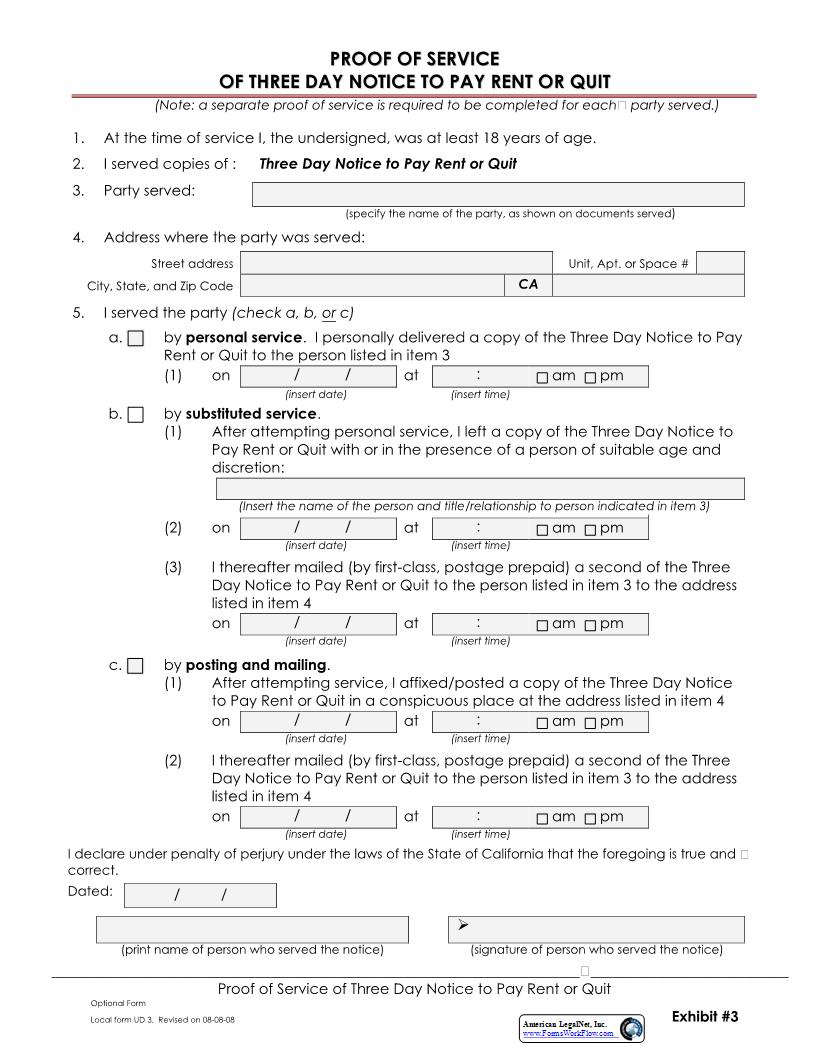 Proof Of Service On A Three Day Notice To Pay Rent {UD 3} | Pdf Fpdf Docx | California