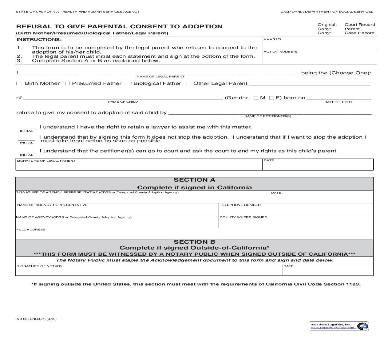 Refusal To Give Consent To Adoption {AD 20} | Pdf Fpdf Doc Docx | California