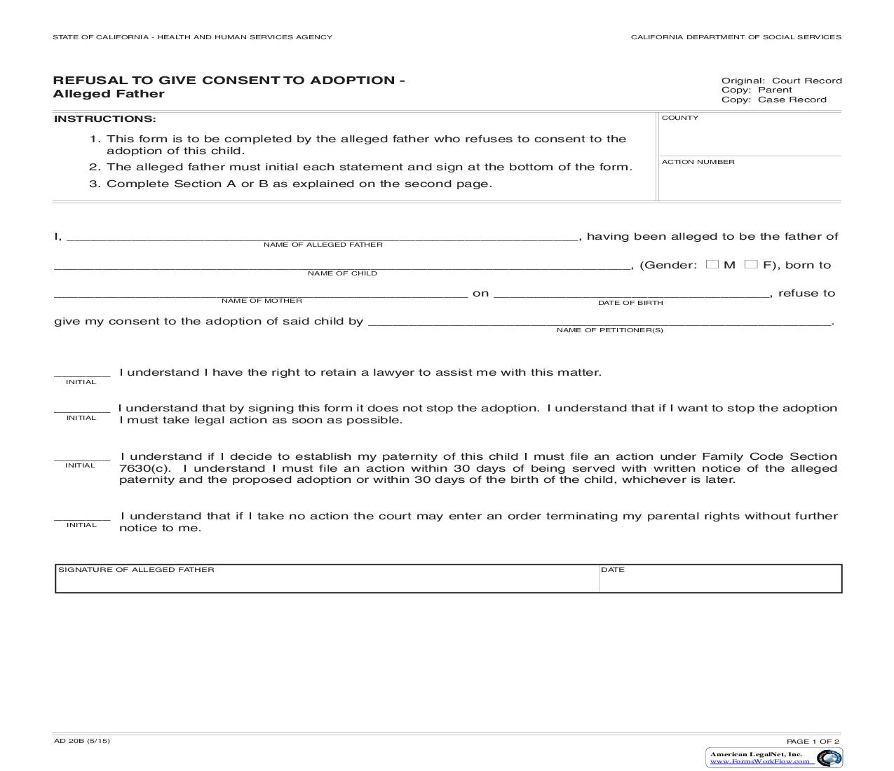 Refusal To Give Consent To Adoption-Alleged Natural Father {AD 20B} | Pdf Fpdf Doc Docx | California