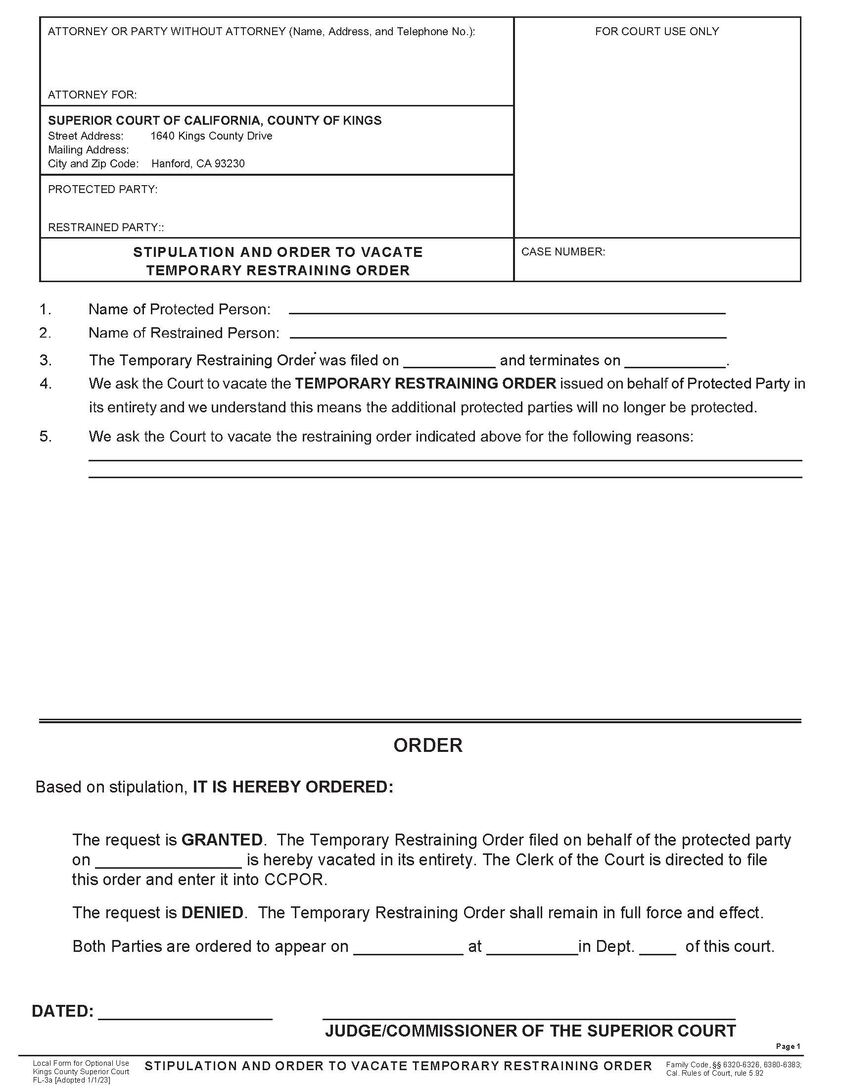 Stipulation And Order To Vacate Temporary Restraining Order {FL-3a} | Pdf Fpdf Docx | California