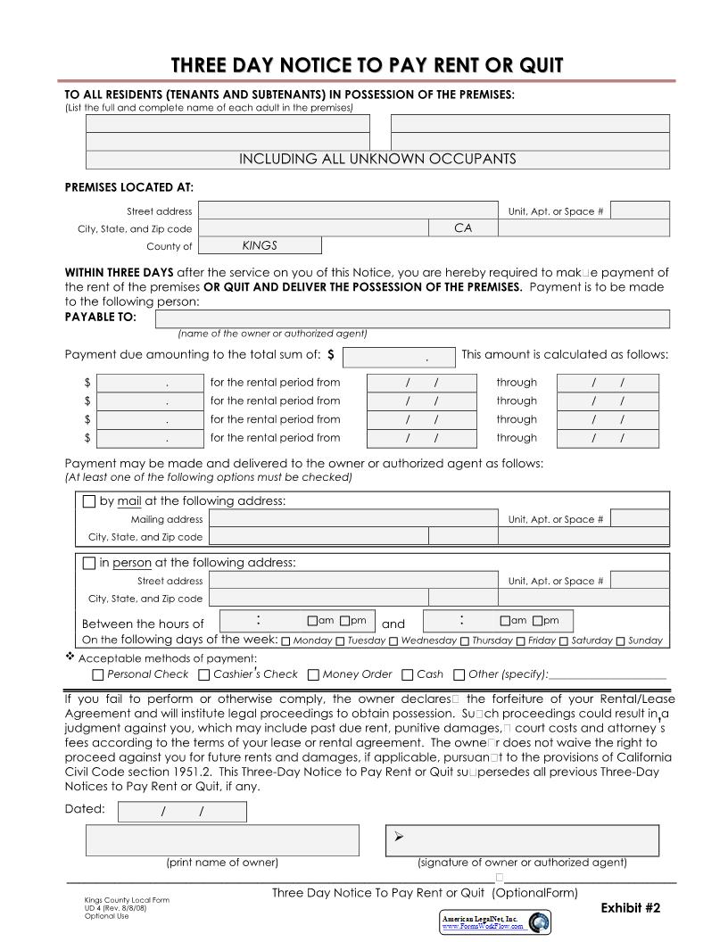 Three Day Notice To Pay Rent Or Quit {UD 4} | Pdf Fpdf Docx | California