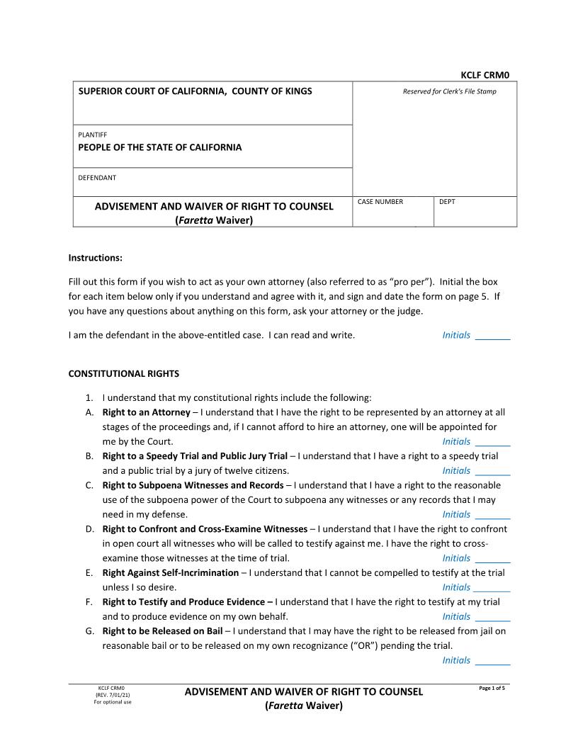 Advisement And Waiver Of Right To Counsel (Faretta Waiver) {KCLF CRM0} | Pdf Fpdf Docx | California