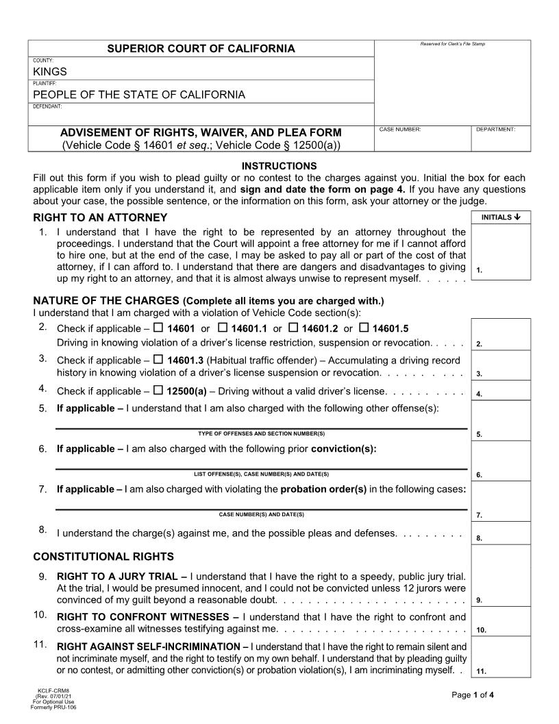 Advisement And Waiver Of Rights Waiver And Plea Form {KCFL CRM8} | Pdf Fpdf Docx | California