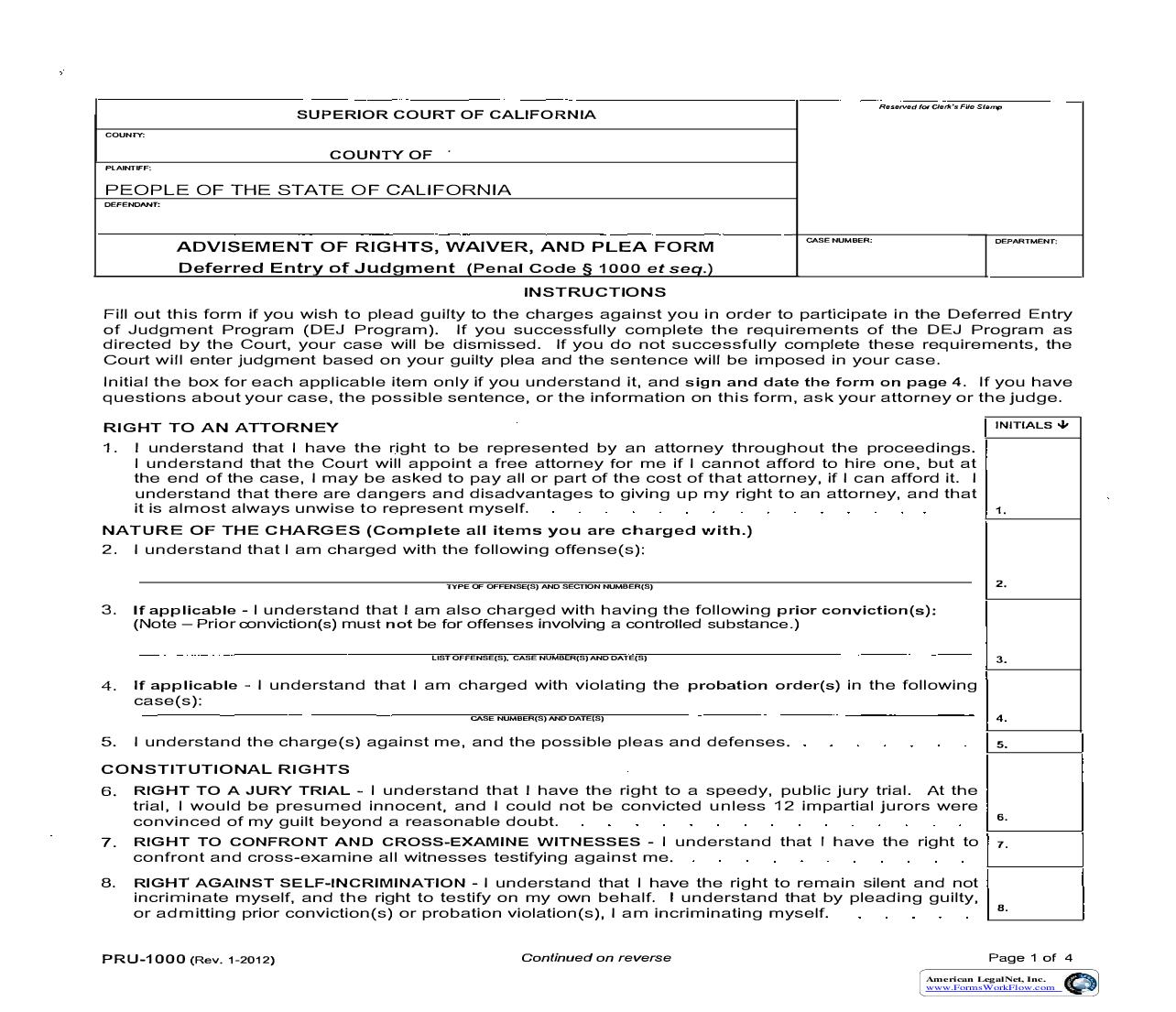 Advisement Of Rights Waiver And Plea Form Deferred Entry Of Judgment {PRU-1000} | Pdf Fpdf Doc Docx | California