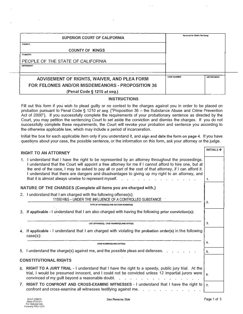 Advisement Of Rights Waiver And Plea Form For Felonies And-Or Misdemeanors {KCFL CRM10} | Pdf Fpdf Docx | California