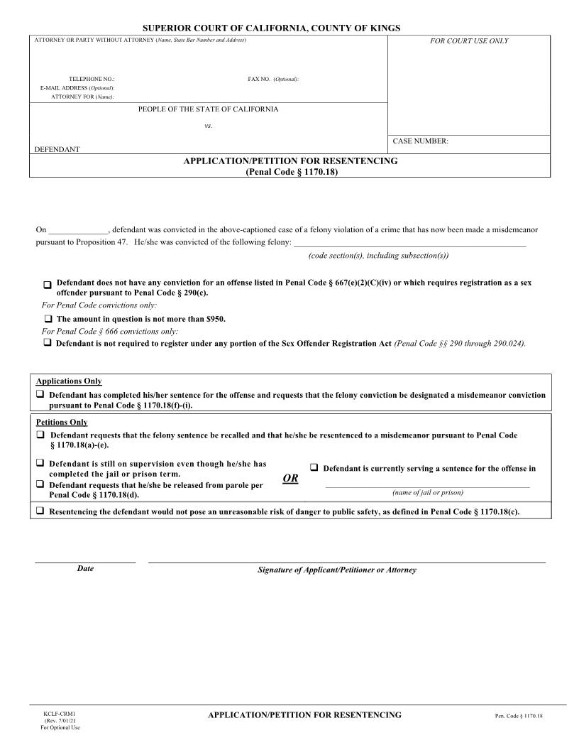 Application-Petition For Resentencing {KCLF-CRM1} | Pdf Fpdf Docx | California