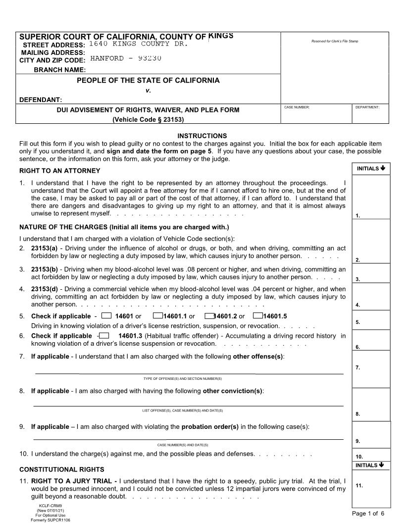 DUI Advisement Of Rights Waiver And Plea Form {KCLF CRM9} | Pdf Fpdf Docx | California