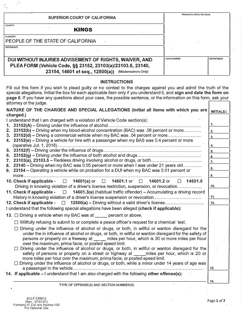 DUI Injuries Advisement Of Rights Waiver And Plea Form {KCLF CRM12} | Pdf Fpdf Docx | California