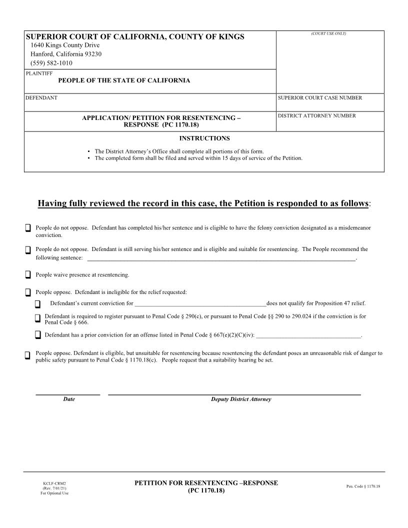 Petition For Resentencing-Response {KCLF-CRM2} | Pdf Fpdf Docx | California