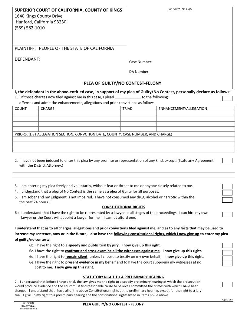 Plea Of Guilty-No Contest-Felony {KCLF CRM7} | Pdf Fpdf Docx | California