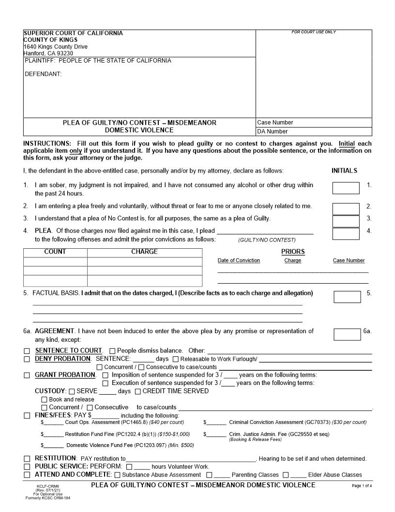 Plea Of Guilty-No Contest-Misdemeanor Domestic Violence {KCLF-CRM6} | Pdf Fpdf Docx | California
