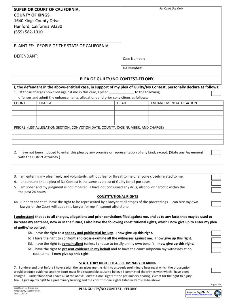 Plea Of Gulity-No Contest-Felony | Pdf Fpdf Docx | California