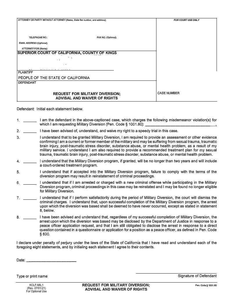 Request For Military Diversion-Advisal And Waiver Of Rights {KCLF MIL1} | Pdf Fpdf Docx | California