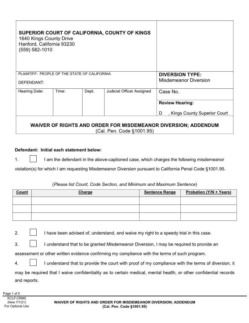 Waiver Of Rights And Order For Misdemeanor Diversion-Addendum {KCLF-CRM5} | Pdf Fpdf Docx | California