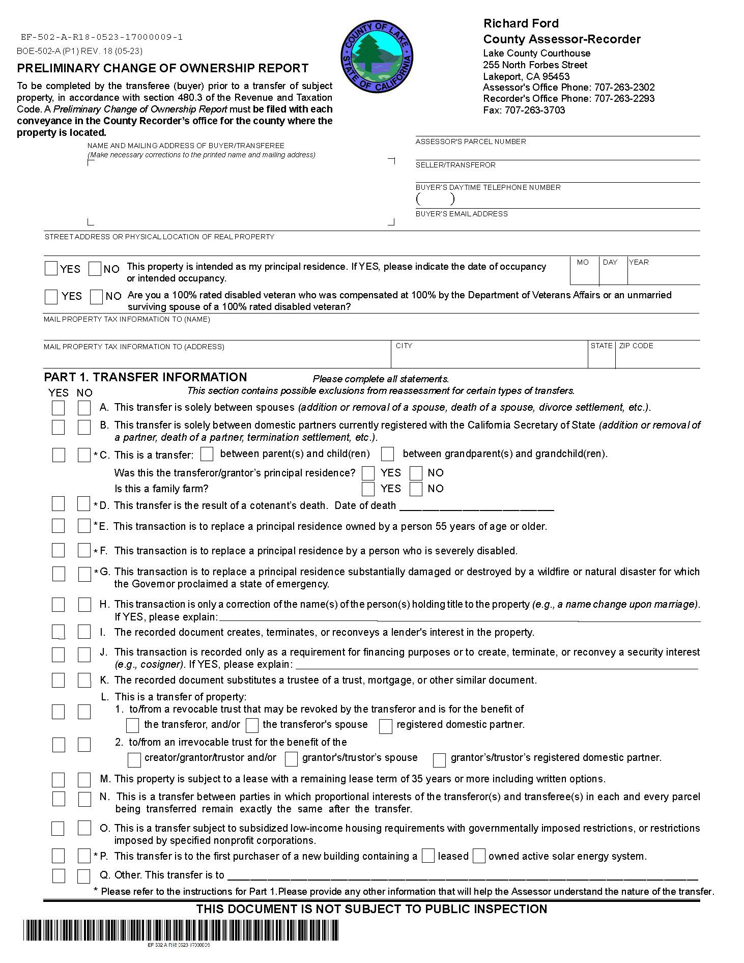 Preliminary Change Of Ownership Report (Lake) {BOE-502-A} | Pdf Fpdf Docx | California