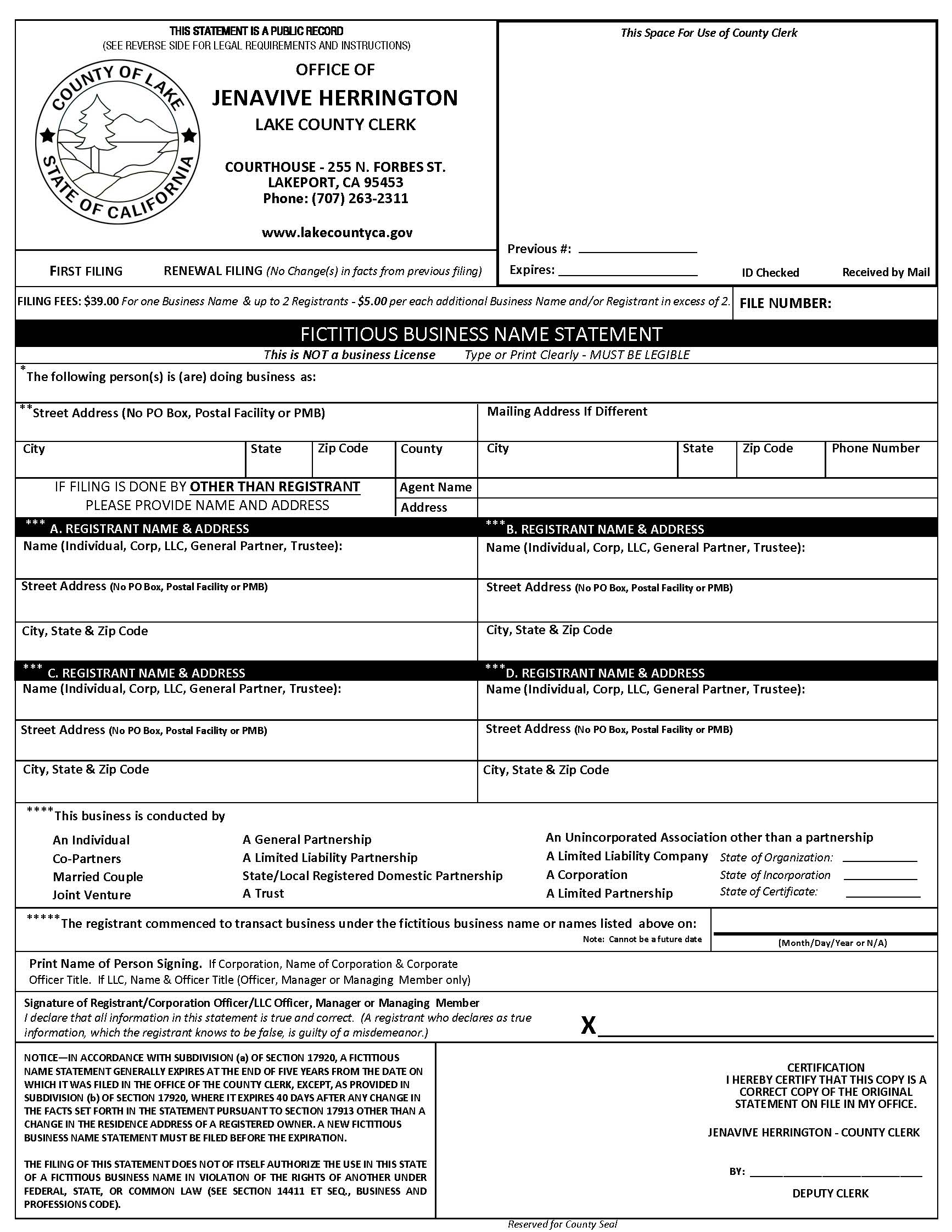 Fictitious Business Name Statement (Lake) | Pdf Fpdf Doc Docx | California