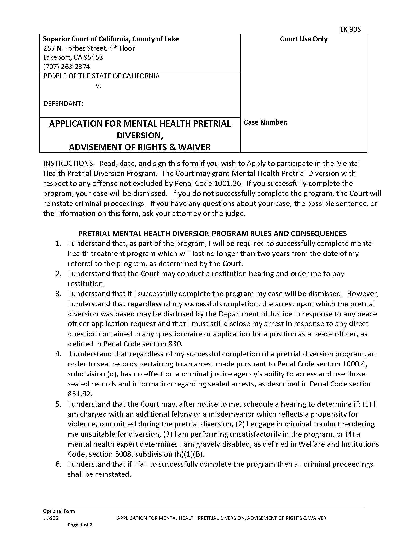 Application For Mental Health Diversion Advisement Of Rights And Waiver {LK-905} | Pdf Fpdf Docx | California