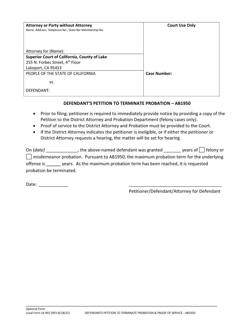 Petition (And Order) To Terminate Probation-AB1950 {LK-902} | Pdf Fpdf Docx | California