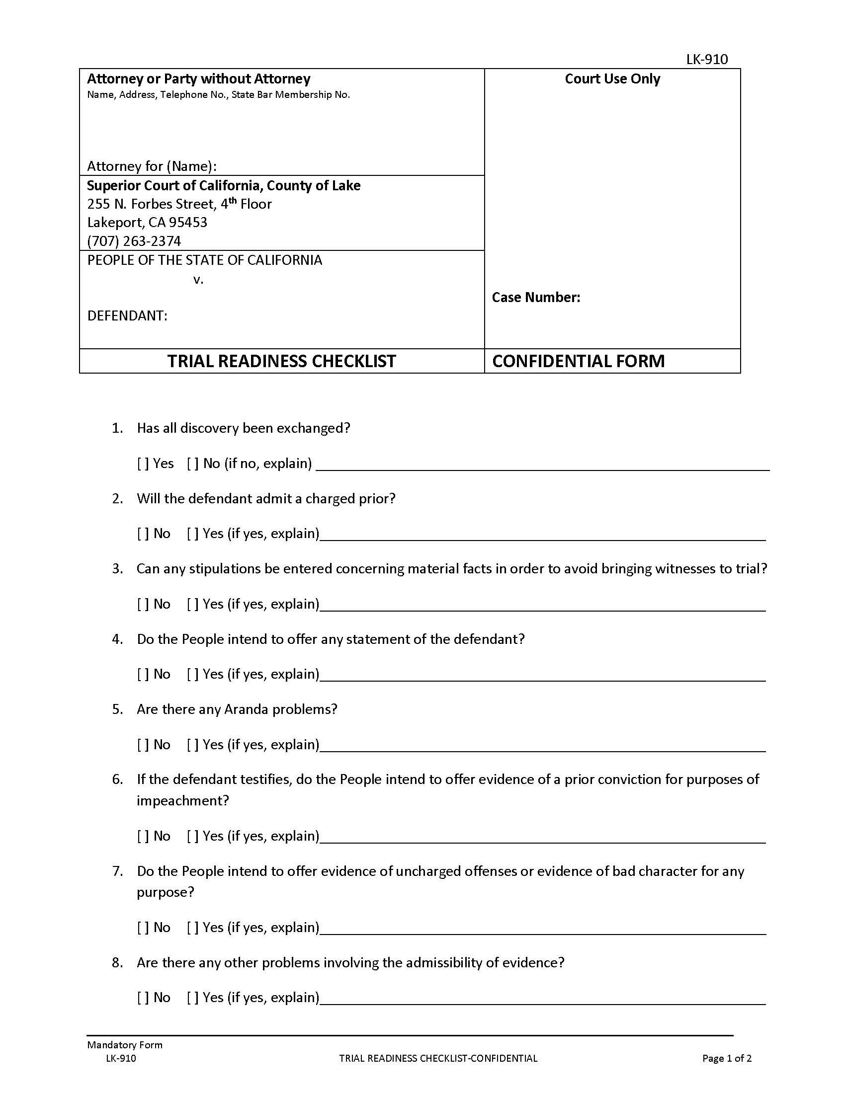 Trial Readiness Checklist {LK-910} | Pdf Fpdf Docx | California