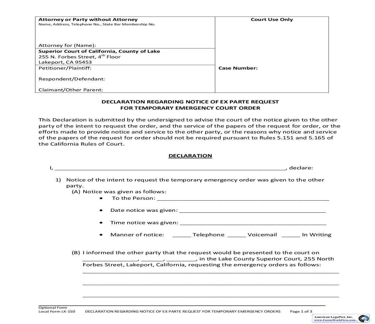 Declaration Regarding Notice Of Ex Parte Request For Temporary Emergency Orders {LK-150} | Pdf Fpdf Doc Docx | California