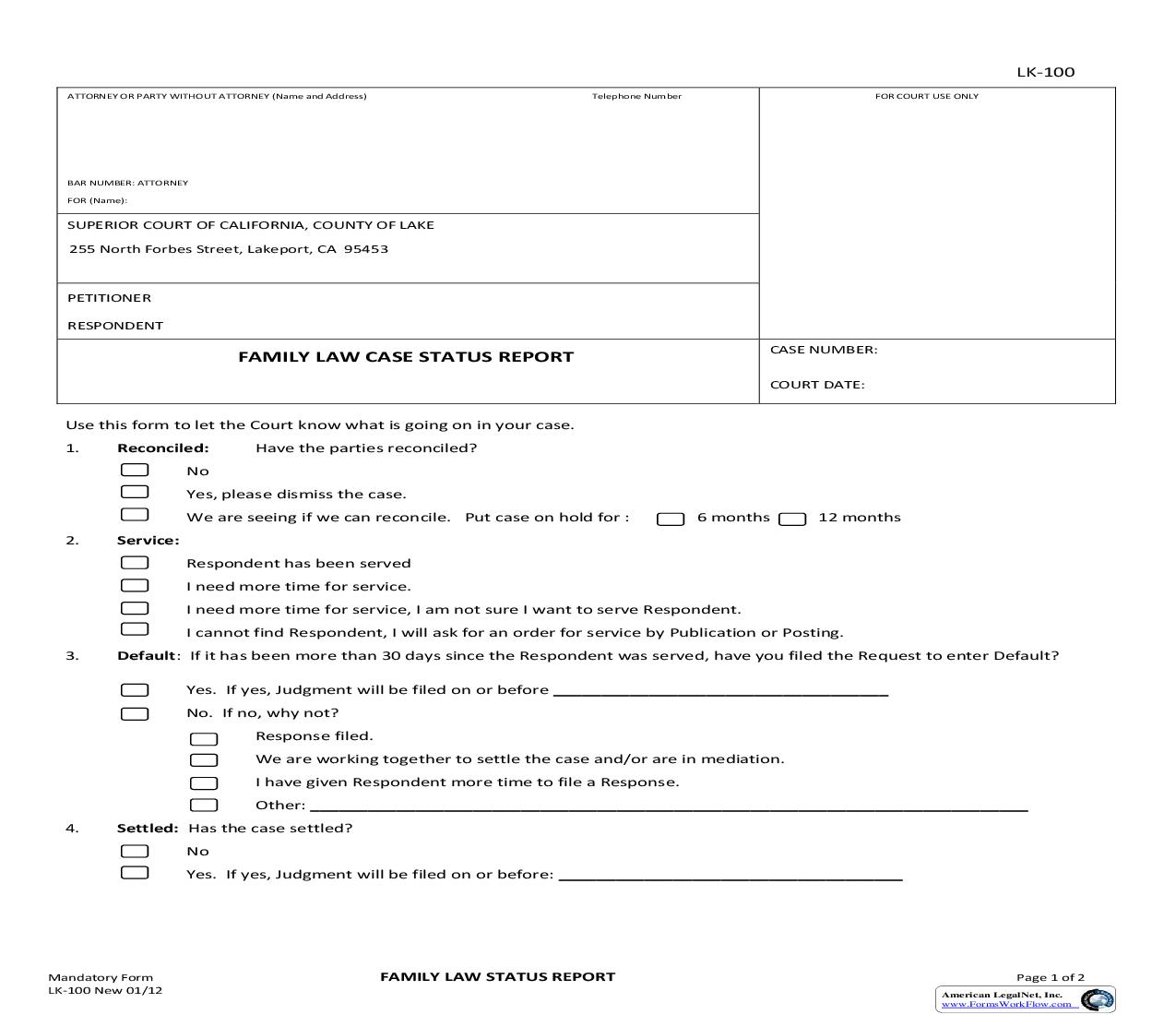 Family Law Status Report {LK-100} | Pdf Fpdf Doc Docx | California
