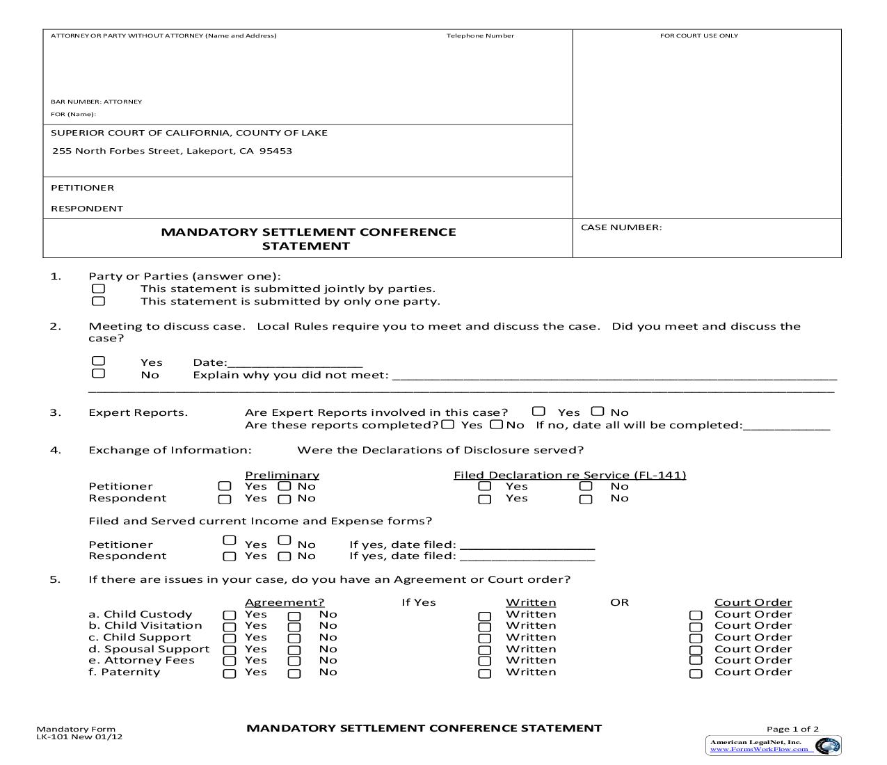 Mandatory Settlement Conference Statement {LK-101} | Pdf Fpdf Doc Docx | California