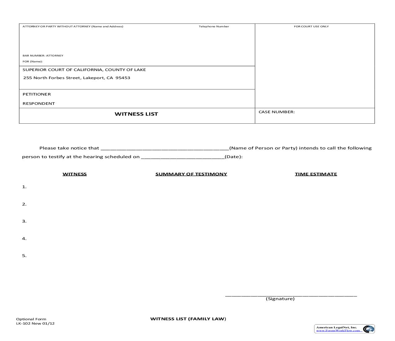 Witness List (Famly Law) {LK-102} | Pdf Fpdf Doc Docx | California