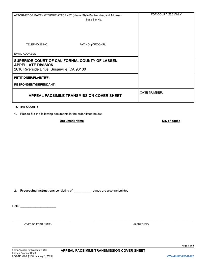Appeal Facsimile Transmission Cover Sheet {LSC-APL-100} | Pdf Fpdf Docx | California