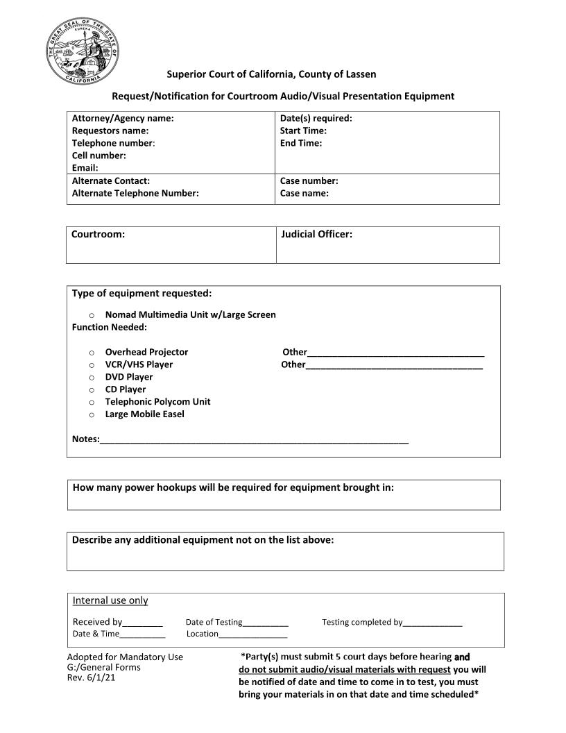 Equipment Request Form (Request-Notification For Courtroom Audio-Visual Presentation Equipment) | Pdf Fpdf Doc Docx | California