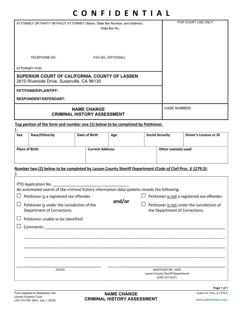 Name Change-Criminal History Assessment {LSC-CIV-050} | Pdf Fpdf Docx | California