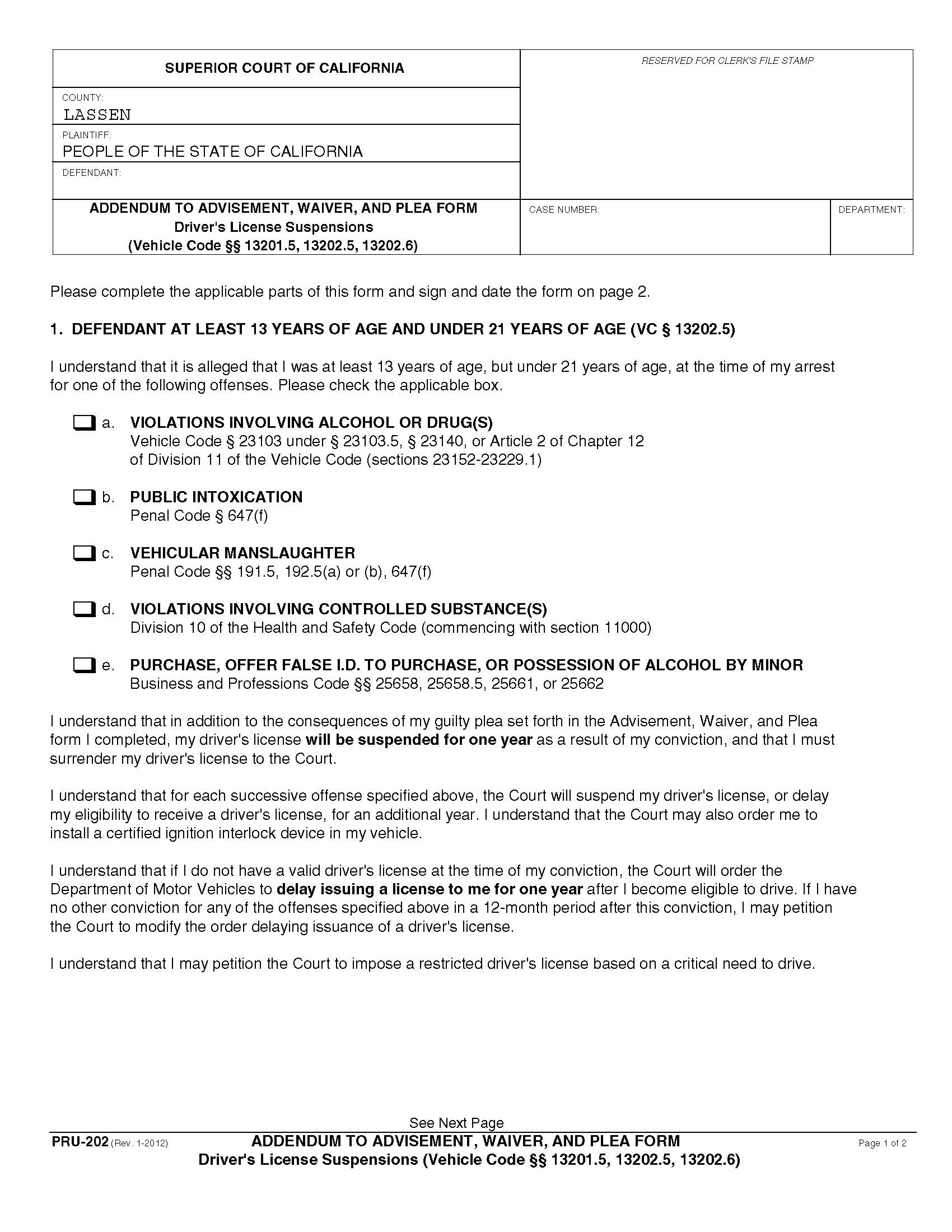 Addendum To Advisement Waiver And Plea Drivers License Suspension {PRU-202} | Pdf Fpdf Docx | California