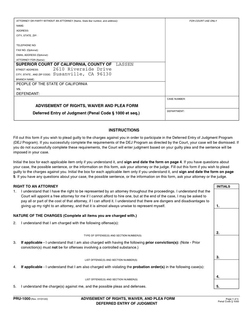 Advisement Of Rights Waiver And Plea Deferred Entry Of Judgment {PRU-1000} | Pdf Fpdf Docx | California