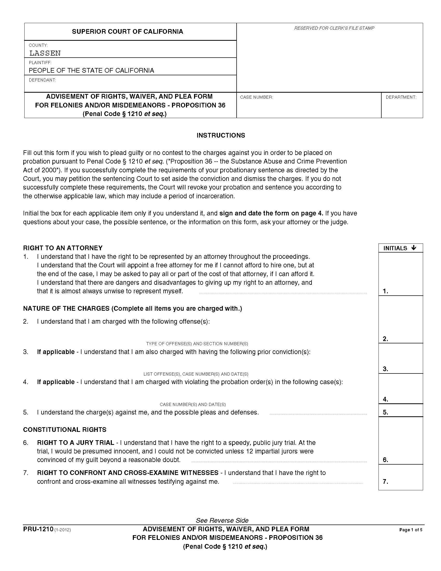 Advisement Of Rights Waiver And Plea For Felonies And Or Misdemeanors {PRU-1210} | Pdf Fpdf Docx | California