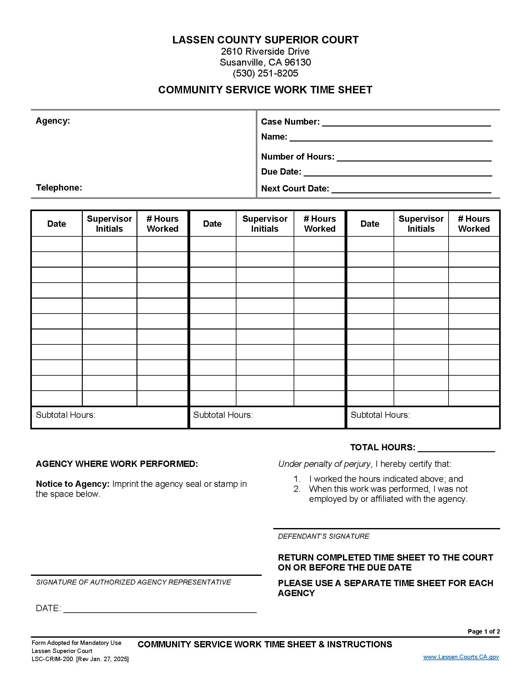 Community Service Work Time Sheet {LSC-CRIM-200} | Pdf Fpdf Docx | California