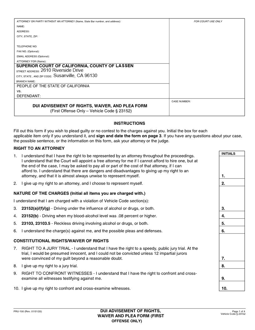 DUI Advisement Of Rights Waiver And Plea (First Offense Only) {PRU-100} | Pdf Fpdf Docx | California
