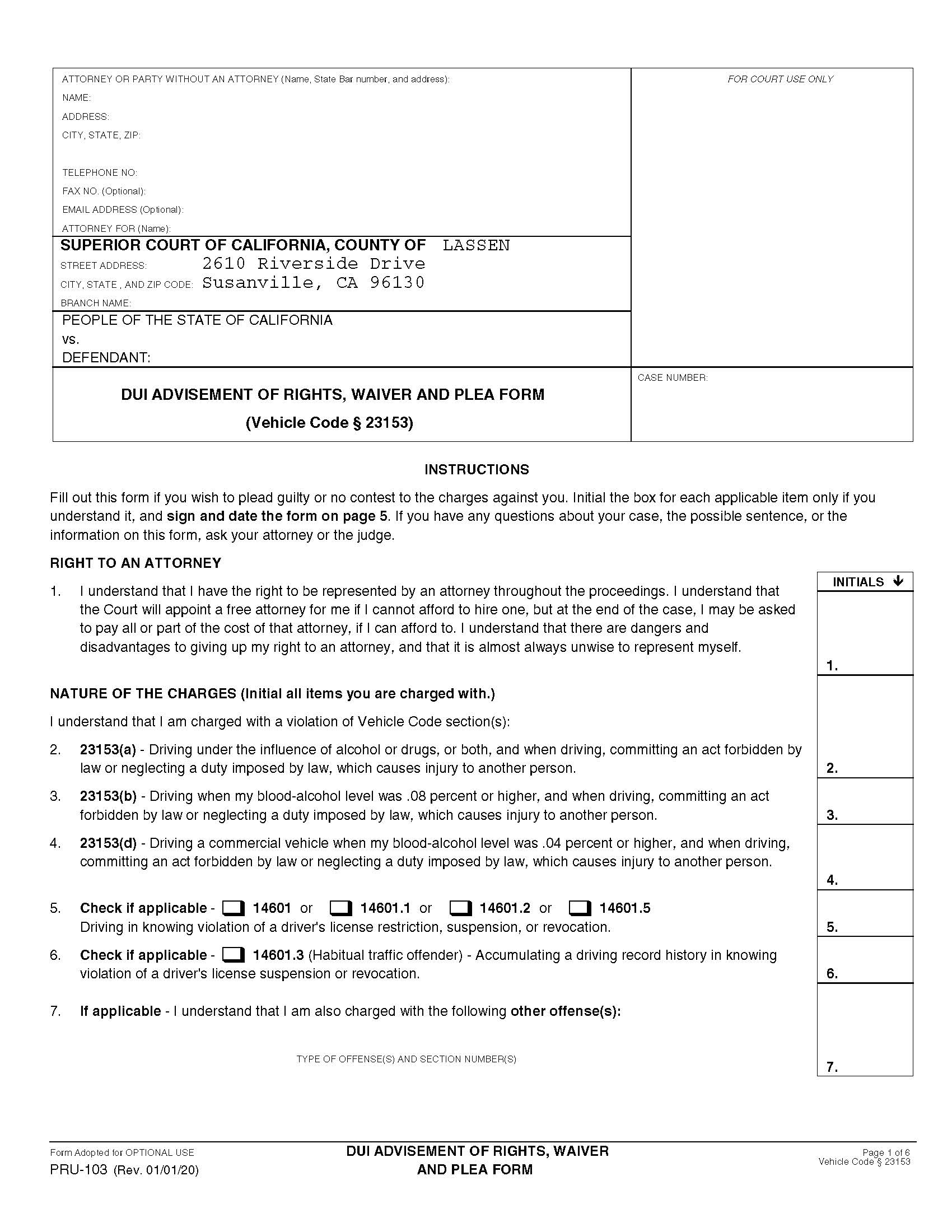 DUI Advisement Of Rights Waiver And Plea (Vehicle Code 23153) {PRU-103} | Pdf Fpdf Docx | California