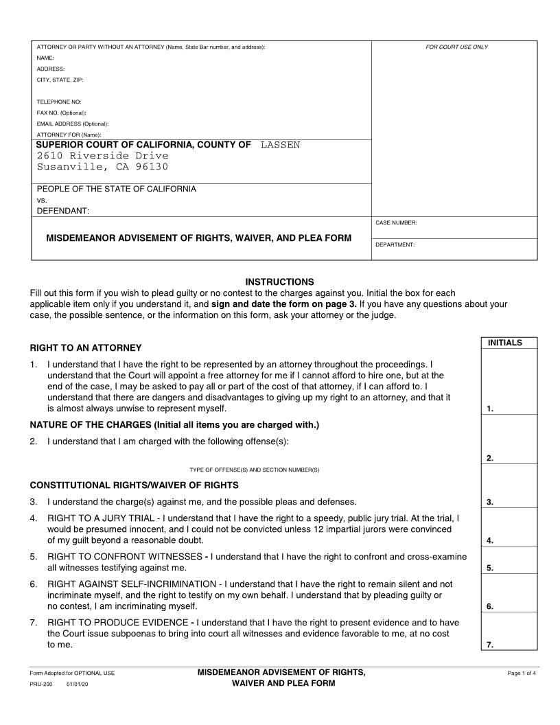 Misdemeanor Advisement Of Rights Waiver And Plea {PRU-200} | Pdf Fpdf Docx | California