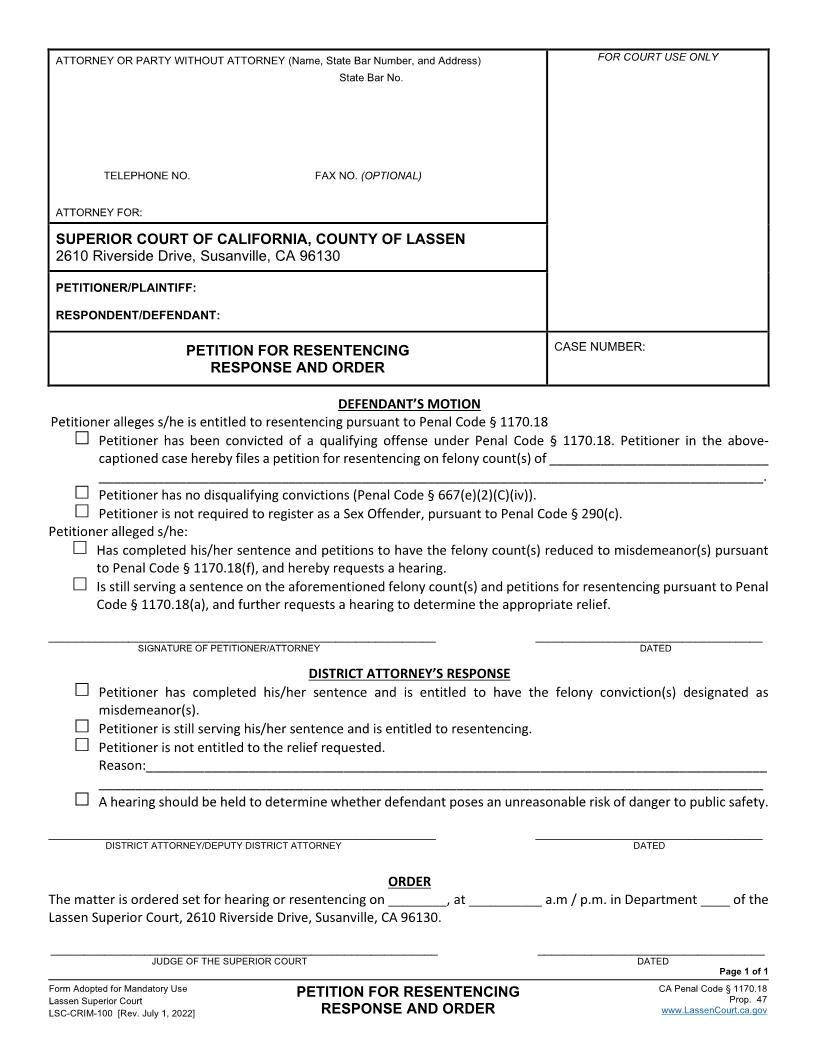 Petition For Resentencing-Response And Order {LSC-CRIM-100} | Pdf Fpdf Docx | California