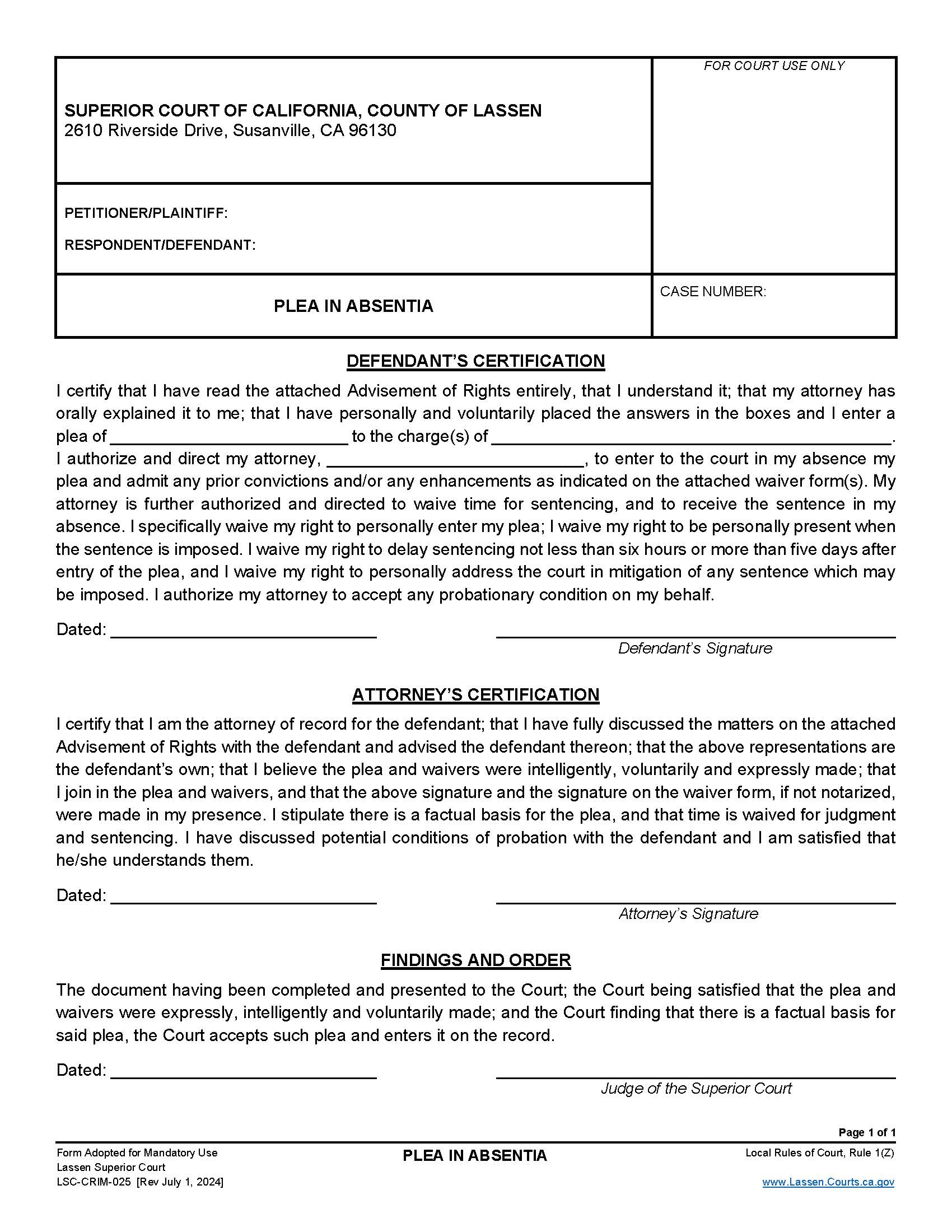 Plea In Absentia {LSC-CRIM-025} | Pdf Fpdf Docx | California