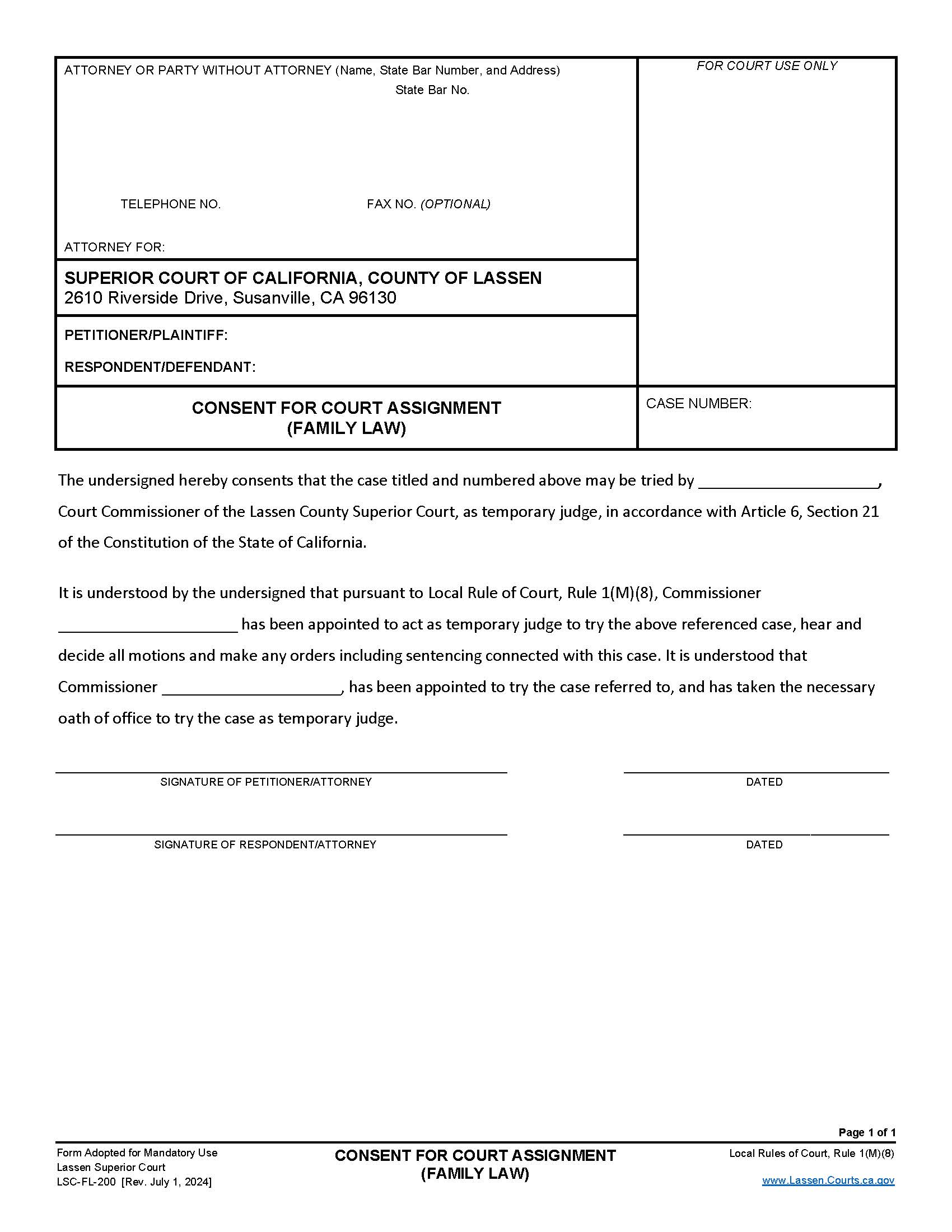 Consent For Court Assignment (Family Law) {LSC-FL-200} | Pdf Fpdf Docx | California