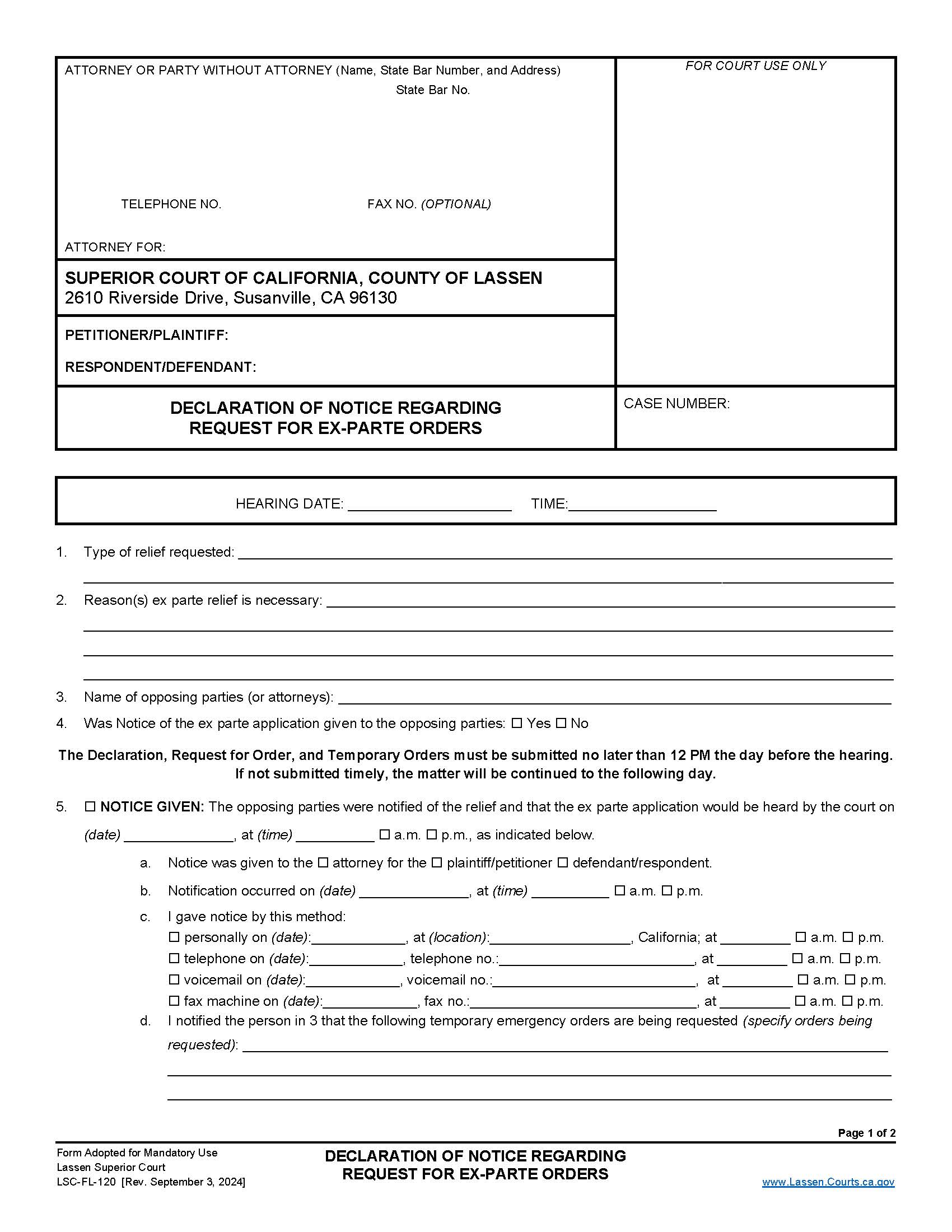 Declaration Of Notice Regarding Request For Ex Parte Orders {LSC-FL-120} | Pdf Fpdf Docx | California