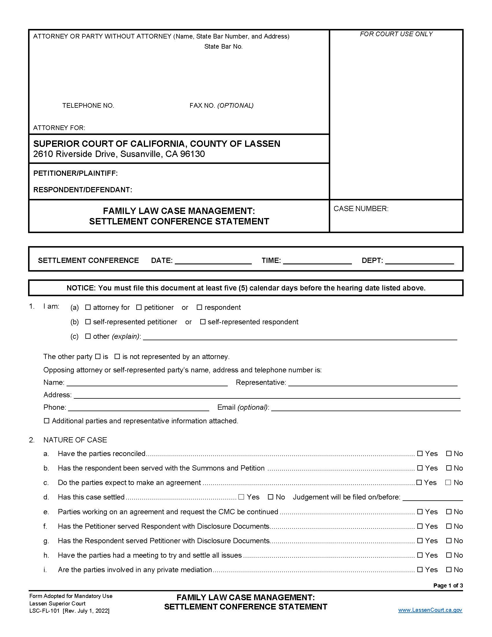 Family Law Case Management-Settlement Conference Statement {LSC-FL-101} | Pdf Fpdf Doc Docx | California