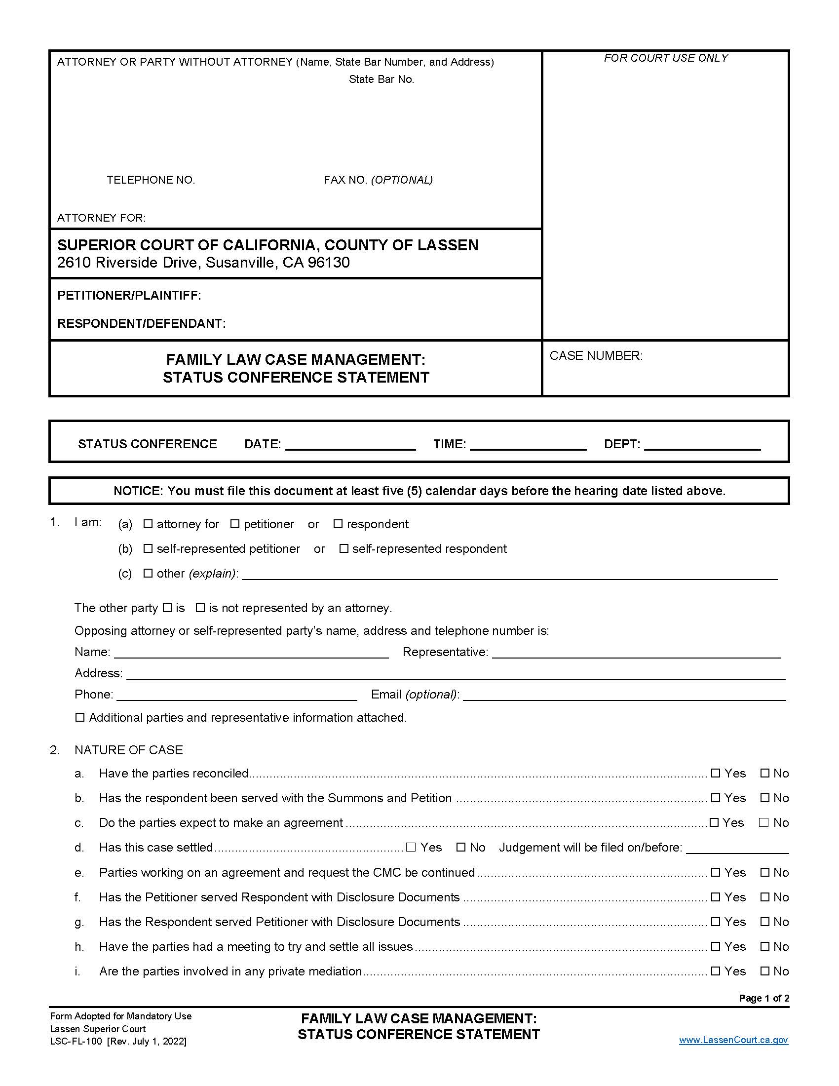 Family Law Case Management-Status Conference Statement {LSC-FL-100} | Pdf Fpdf Doc Docx | California
