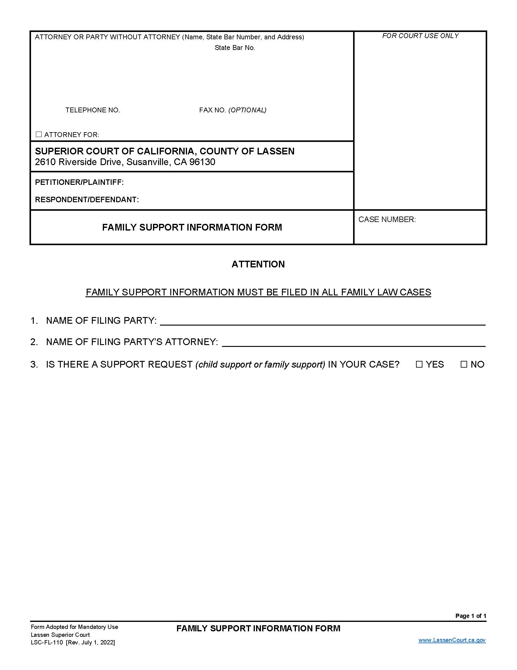 Family Support Information Form {LSC-FL-110} | Pdf Fpdf Doc Docx | California