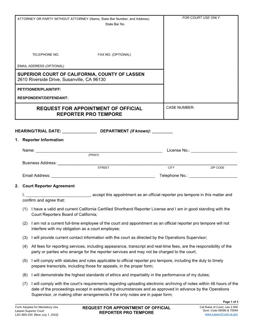 Request For Appointment Of Official Reporter Pro Tempore {LSC-MIS-200} | Pdf Fpdf Docx | California