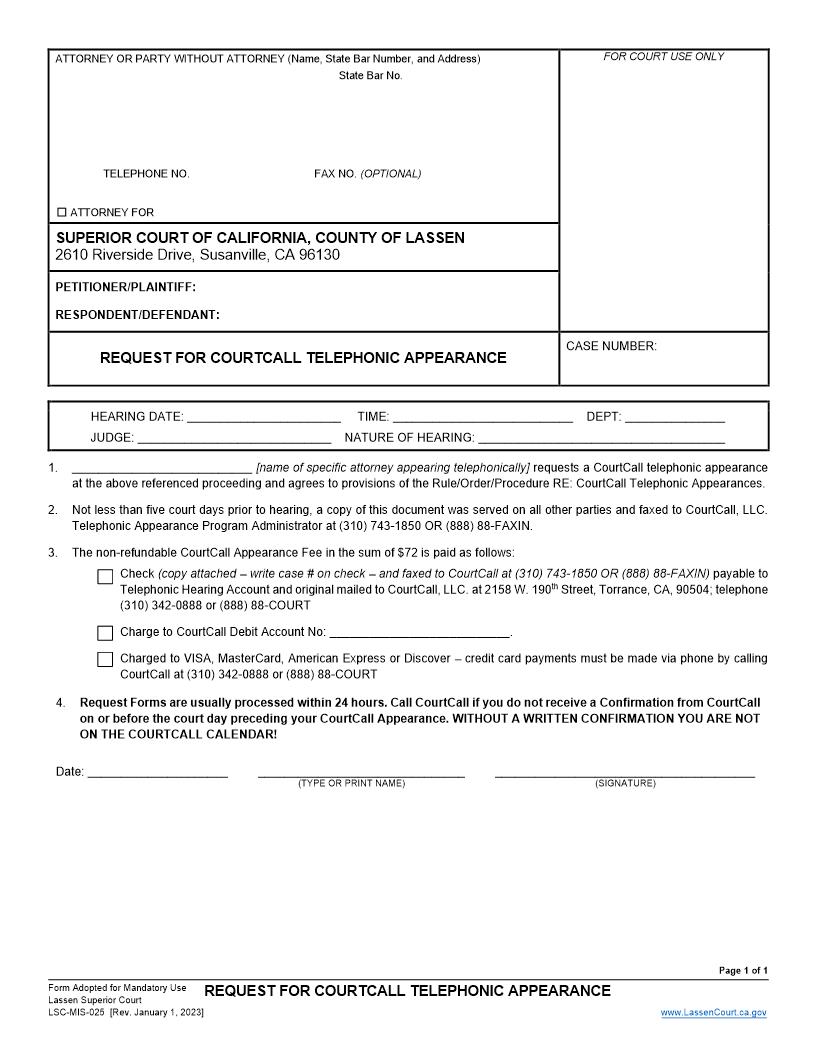 Request For CourtCall Telephonic Appearance {LSC-MIS-025} | Pdf Fpdf Docx | California