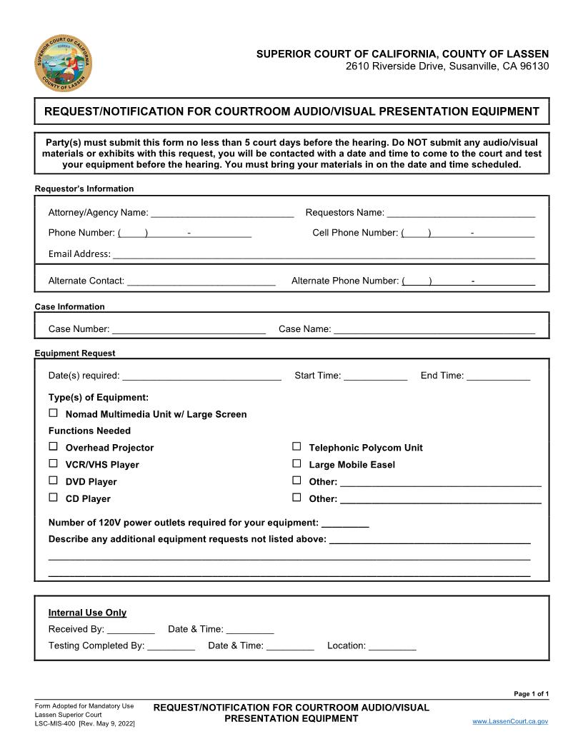 Request-Notification For Courtroom Audio-Visual Presentation Equipment {LSC-MIS-400} | Pdf Fpdf Docx | California