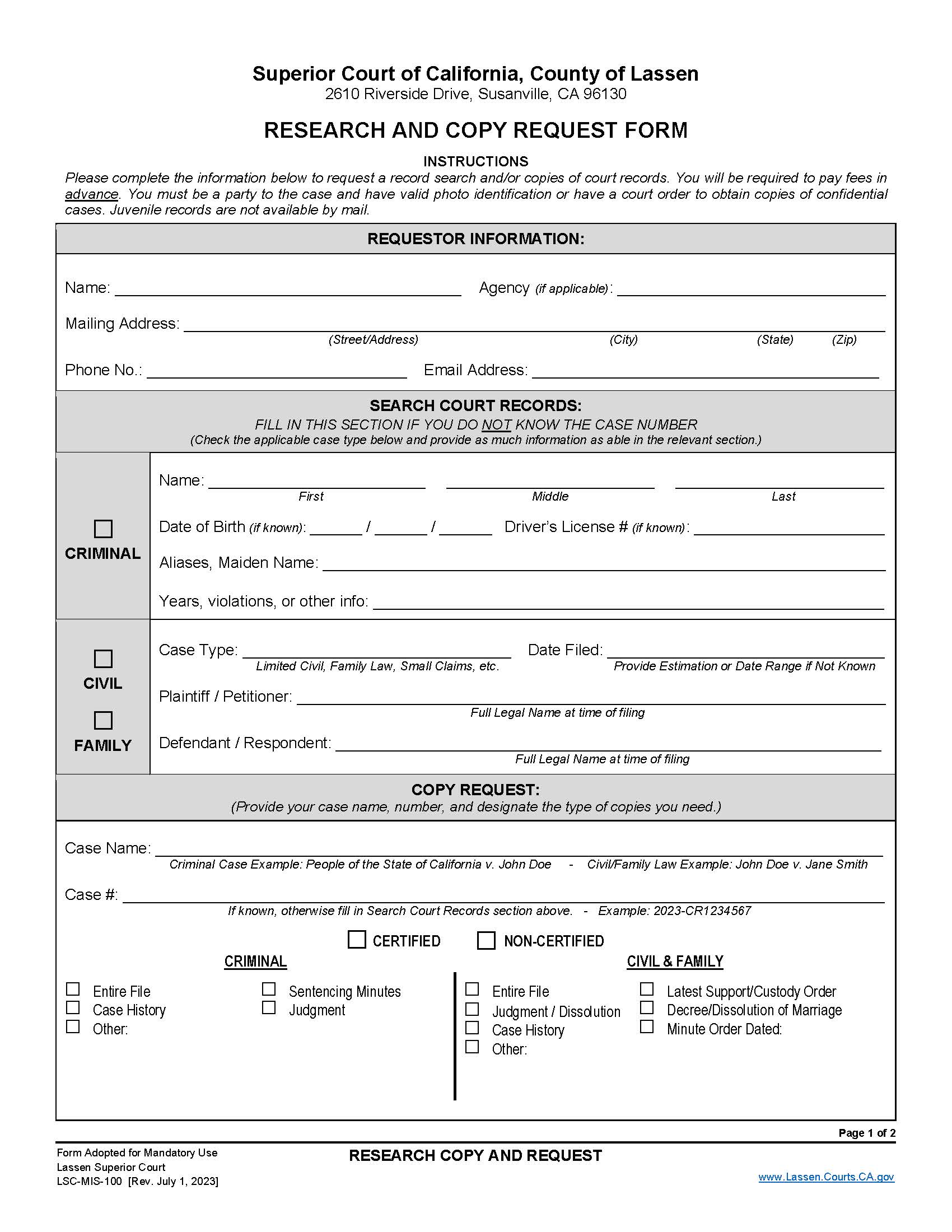 Research And Copy Request Form {LSC-MIS-100} | Pdf Fpdf Docx | California