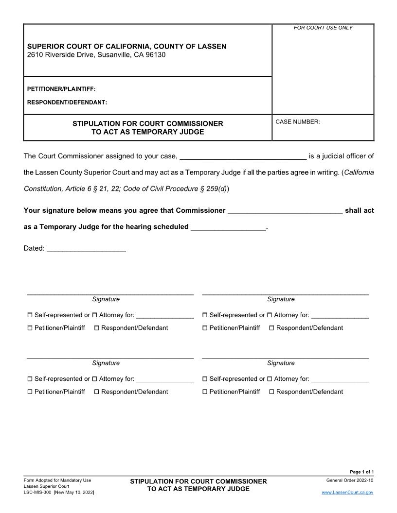 Stipulation For Court Commissioner To Act As Temporary Judge {LSC-MIS-300} | Pdf Fpdf Docx | California