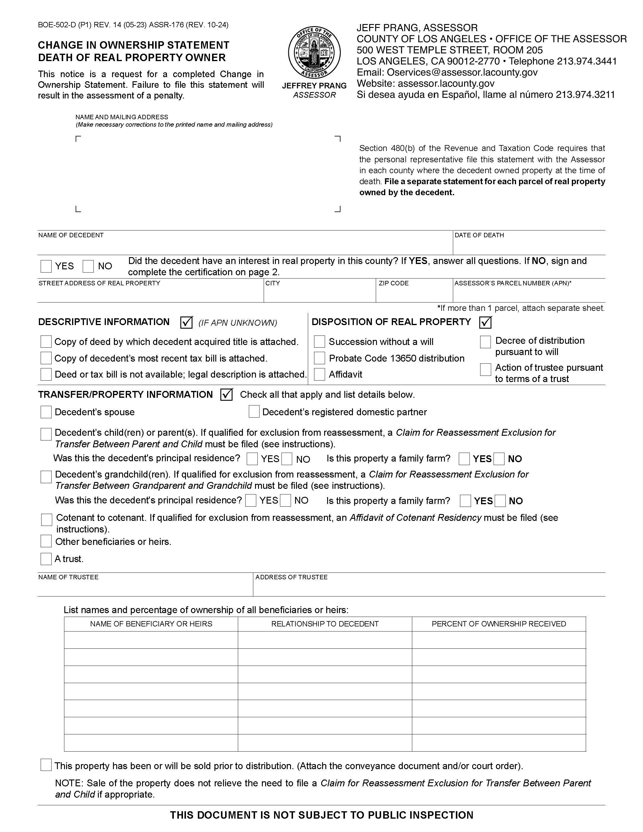 Change In Ownership Statement Death Of Real Property Owner (Los Angeles County) {BOE-502-D ASSR-176} | Pdf Fpdf Docx | California